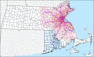 A geographic map of Massachusetts and Rhode Island, with purple lines showing the MBTA Commuter Rail system