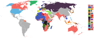 Mapa mundo de 1914, mostrando o controlo pelas grandes potências europeias de vastas zonas do mundo.