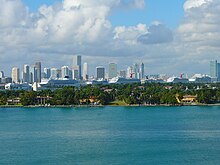 Miami's port as seen from Miami Beach in December 2007, with seven cruise ships docked. Miamicruiseships20071208.jpg