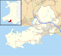 Mapa konturowa Swansea, po prawej nieco na dole znajduje się punkt z opisem „Vetch Field”