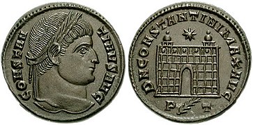 monnaie d'argent patiné gris. Avers, profil masculin ; revers, camp