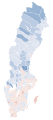 Map showing the voting shifts from the 1998 to the 2002 election. Darker blue indicates a municipality voted more towards the parties that formed the centre-right bloc. Darker red indicates a municipality voted more towards the parties that form the left-wing bloc.