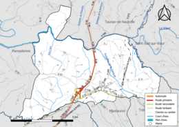 Carte en couleur présentant le réseau hydrographique de la commune