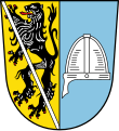 Gemeinde Litzendorf Gespalten von Gold und Blau; vorne ein mit einer silbernen Schrägleiste überdeckter, rot bewehrter schwarzer Löwe, hinten ein silberner Helm mit Nasenschutz.[18]