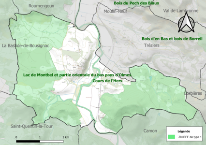 Carte des ZNIEFF de type 1 sur la commune.