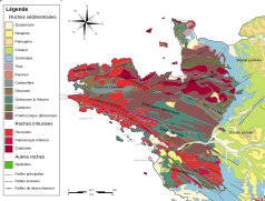 Carte en couleur décrivant la géomorphologie d'une zone s’étendant du Cotentin à la Vendée.