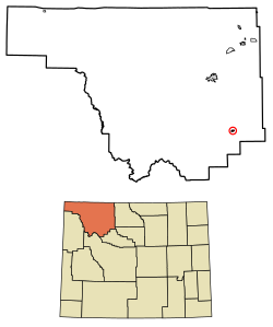 Location of Meeteetse in Park County, Wyoming.