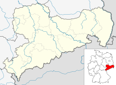 Mapa konturowa Saksonii, u góry po lewej znajduje się punkt z opisem „Wurzen”