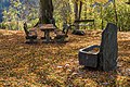 English: Wooden benches and fountain Deutsch: Hölzerne Sitzgruppe und Brunnen unter den Winter-Linden