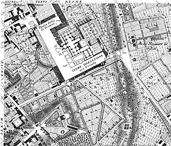 La zona delle terme di Diocleziano con la "piazza detta di Termini" al cui margine sorgerà la stazione (particolare dalla Nuova Pianta di Roma di Giovanni Battista Nolli, 1748)