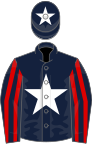 Dark blue, white star, red striped sleeves, white star on cap