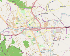 Mapa konturowa Przemyśla, blisko centrum na lewo znajduje się punkt z opisem „Siedziba archieparchii”