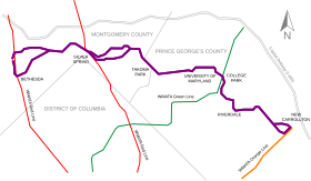 A scaled map illustrating the Purple Line route and its intersections with existing subway lines.