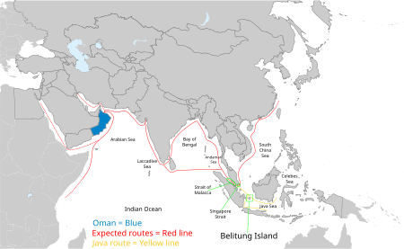 Map of the Middle East, Northeast Africa, and Asia with red lines from China past Vietnam, around India, into Oman, and extending to North Africa