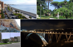 Panorama of Catanzaro, Top left:Panorama view of Crotone Street and Ionian Sea at Catanzaro Lido, Top right:Statue of Bernadino Grimaldi in Margheria Park (Villa Margheria), Bottom upper left:Cavatore Fountain in Matteotti Square (Piazza Matteotti), Bottom lower left:Filippos Avenue (Viale de Filippis), Bottom right:Night view of Morandi viaduct Bridge