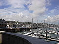 Falmouth waterfront, from National Maritime Museum, with King Charles church tower