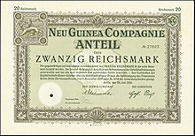 Share of the Neuguinea Compagnie, issued 28. June 1926 Neu Guinea Compagnie 1926.jpg