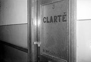 The doorway of the newspaper La Clarté, the French-language weekly of the Communist Party of Canada, padlocked by police in Montreal in 1937.