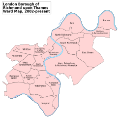 リッチモンド区内各エリアないし地区(district) における下位行政地区(ward)の位置, 2002年 (A map showing the wards of Richmond upon Thames since 2002)