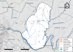 Carte en couleur présentant le réseau hydrographique de la commune