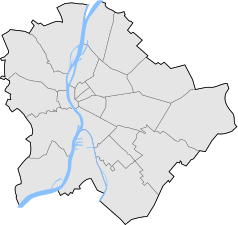 Mapa konturowa Budapesztu, blisko centrum na lewo znajduje się punkt z opisem „Narodowe Centrum Lekkoatletyczne”