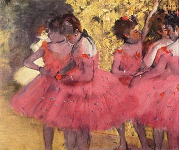 Balerine îmbrăcate în roz în spatele scenei, de Edgar Degas, 1884