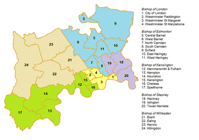 Londons stift är indelat i ärkediakonat som också utgör biskopsområden. Varje ärkediakonat är indelat i ett antal dekanat.