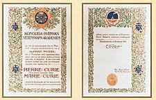 Marie Curie és Pierre Curie fizikai Nobel-díjának oklevele (1903)