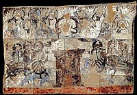 Mural on the inside wall of the rear corridor (β on the plan). The kings around the Brahmana Drona, and below, soldiers on elephants and horses. War of the relics.