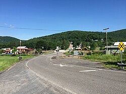 West Virginia Route 42 in Blaine. Kitzmiller, Maryland can be seen in the distance, across the bridge over the North Branch Potomac River