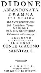 Andrea Bernasconi – Didone abbandonata – Titelseite des Librettos – Venedig 1741