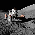 Image 11 Lunar rover Photo credit: Harrison Schmitt Astronaut Eugene Cernan makes a short test drive of the lunar rover (officially, Lunar Roving Vehicle or LRV) during the early part of the first Apollo 17 extravehicular activity. The LRV was only used in the last three Apollo missions, but it performed without any major problems and allowed the astronauts to cover far more ground than in previous missions. All three LRVs were abandoned on the Moon. More selected pictures