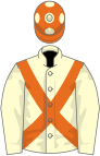 Cream, orange cross-belts, orange cap, cream spots