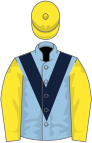 Light blue, dark blue chevron, yellow sleeves and cap