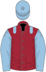 Maroon, light blue epaulets, sleeves and cap