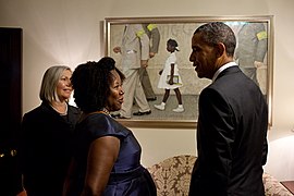 Ruby Bridges a prezident Obama si prohlíží obraz The Problem We All Live With v Bílém domě (2011)