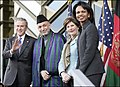 with Afghan President Hamid Karzai, Mrs. Laura Bush and U.S. Secretary of State Condoleezza Rice during the presidential visit to Kabul, March 2006