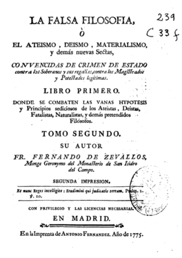 Portada del llibre La falsa filosofia, segona edició de 1775, de Fernando de Ceballos