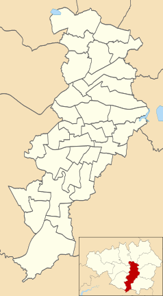 Mapa konturowa Manchesteru, u góry po prawej znajduje się punkt z opisem „Moston”