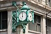 Detail of the "Great Clock" on the corner of the Marshall Field & Company Building, built 1891–1892, at North State and Washington Streets, erected 1897