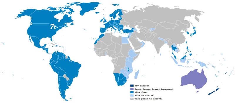 Countries and territories with visa-free entries or visas on arrival for holders of regular New Zealand passports