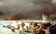Painting of soldiers streaming ashore from a landing craft
