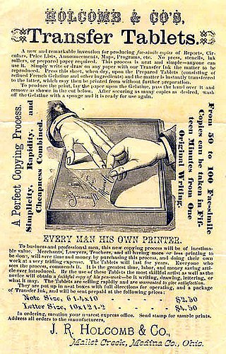 <span class="mw-page-title-main">Hectograph</span> Printing process that involves transfer of an original