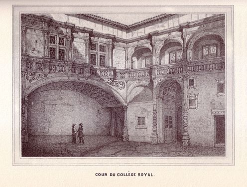 Lycéens dans la cour de l'hôtel de Bernuy (lithographie de J.M. Cayla, Toulouse monumentale et pittoresque, milieu du XIXe siècle).