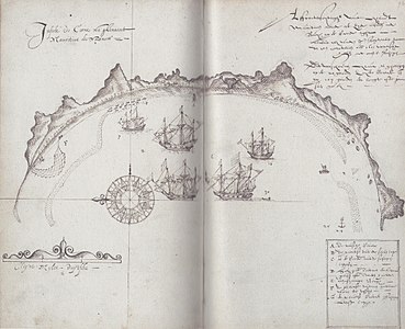 Mapa de 1601 d'una badia a Maurici; la de petita a l'extrem dret marca on es van trobar dodos