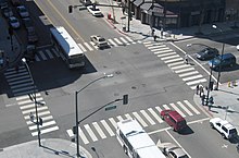 This intersection in San Jose, California has crosswalks, left-turn lanes, and traffic lights. Intersection 4way overview.jpg