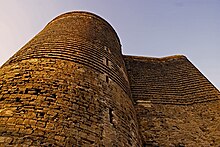 Large stone tower, seen from below