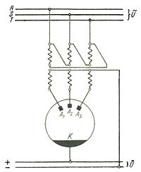 Three-phase half-wave rectifier with three anodes and external transformer