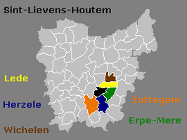 Oost-Vlaanderen met in kleur de gemeenten van het stroomgebied van de Molenbeek. In het arrondissement Aalst: Lede, Erpe-Mere, Sint-Lievens-Houtem, Zottegem en Herzele. In het arrondissement Dendermonde: Wichelen.