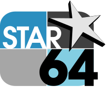 A rounded rectangle divided into blue and gray parts with the word STAR in white, a pointed silver star with black shadow in the upper right, and a black 64 in a sans serif in the lower right corner.